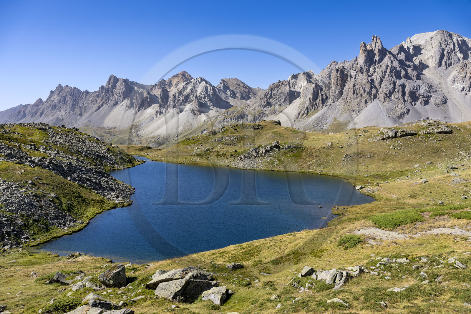 France, Hautes Alpes (05), le Briançonnais, Névache, haute vallée de la Clarée, le lac Long à une altitude de 2387m, le massif des Cerces en arrière-plan