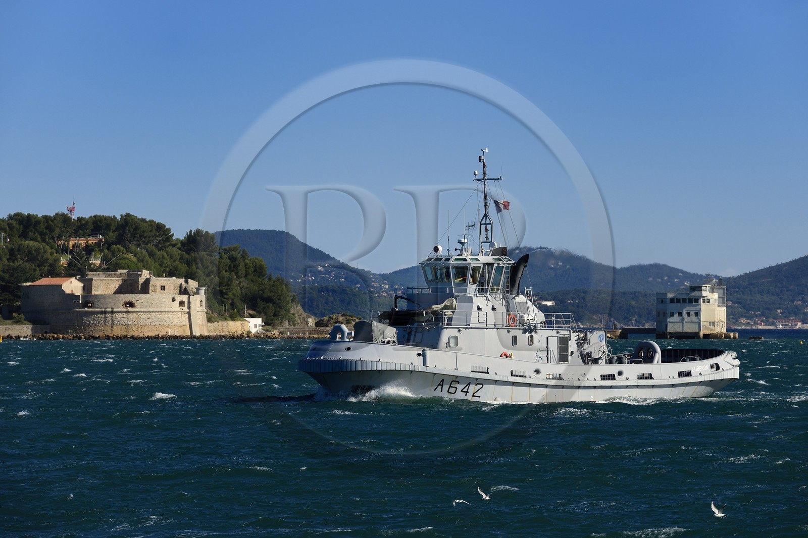 France, Var, the Rade (Roadstead) of Toulon, area of Morillon, harbor and coastal military 50 tons tugboat in front of the Tour Royale (Royal Tower) also called La Grosse Tour)