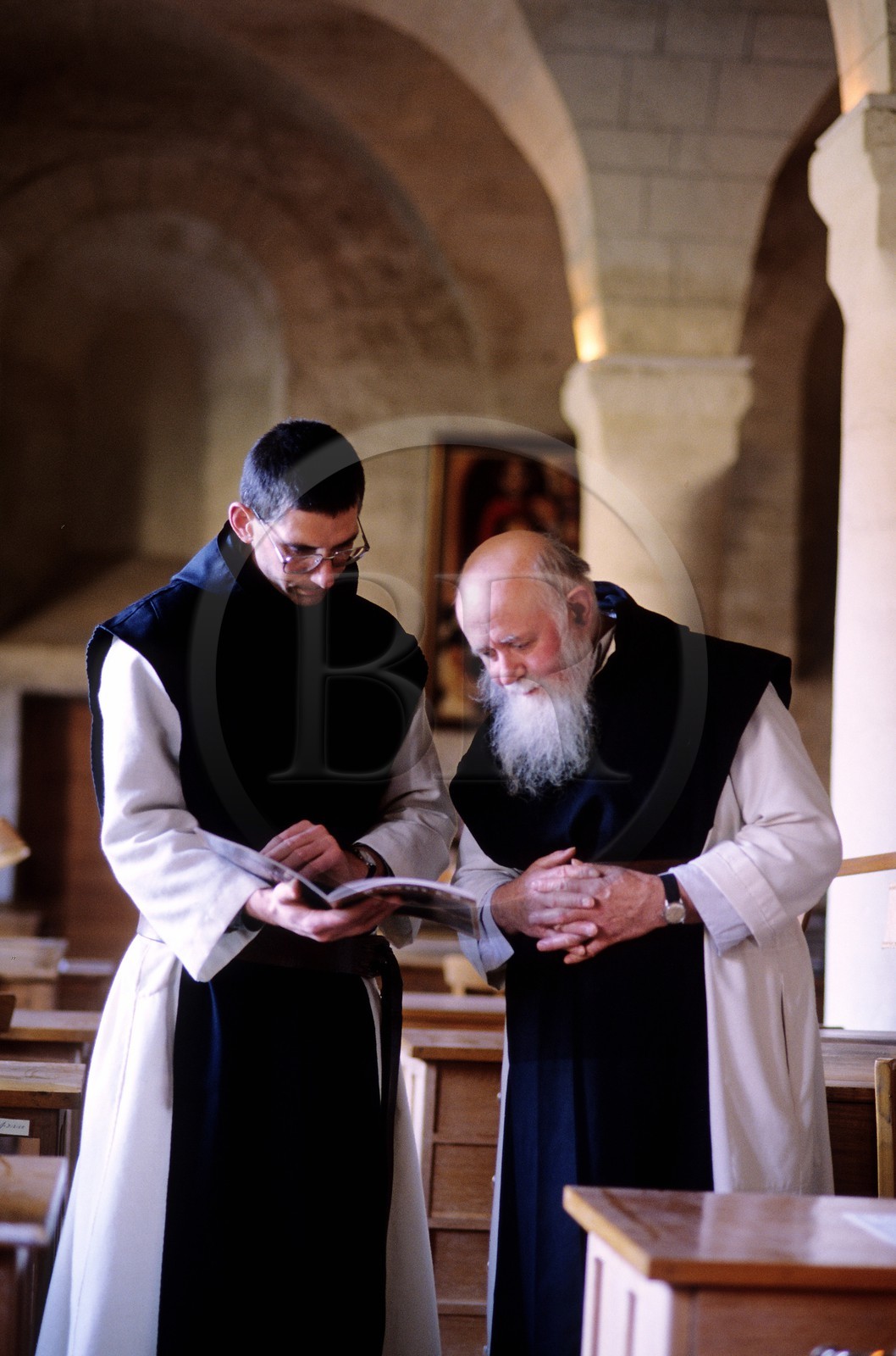 France, Drome, Montjoyer, Notre Dame d'Aiguebelle Cistercian Abbey, monks in the scriptorium
