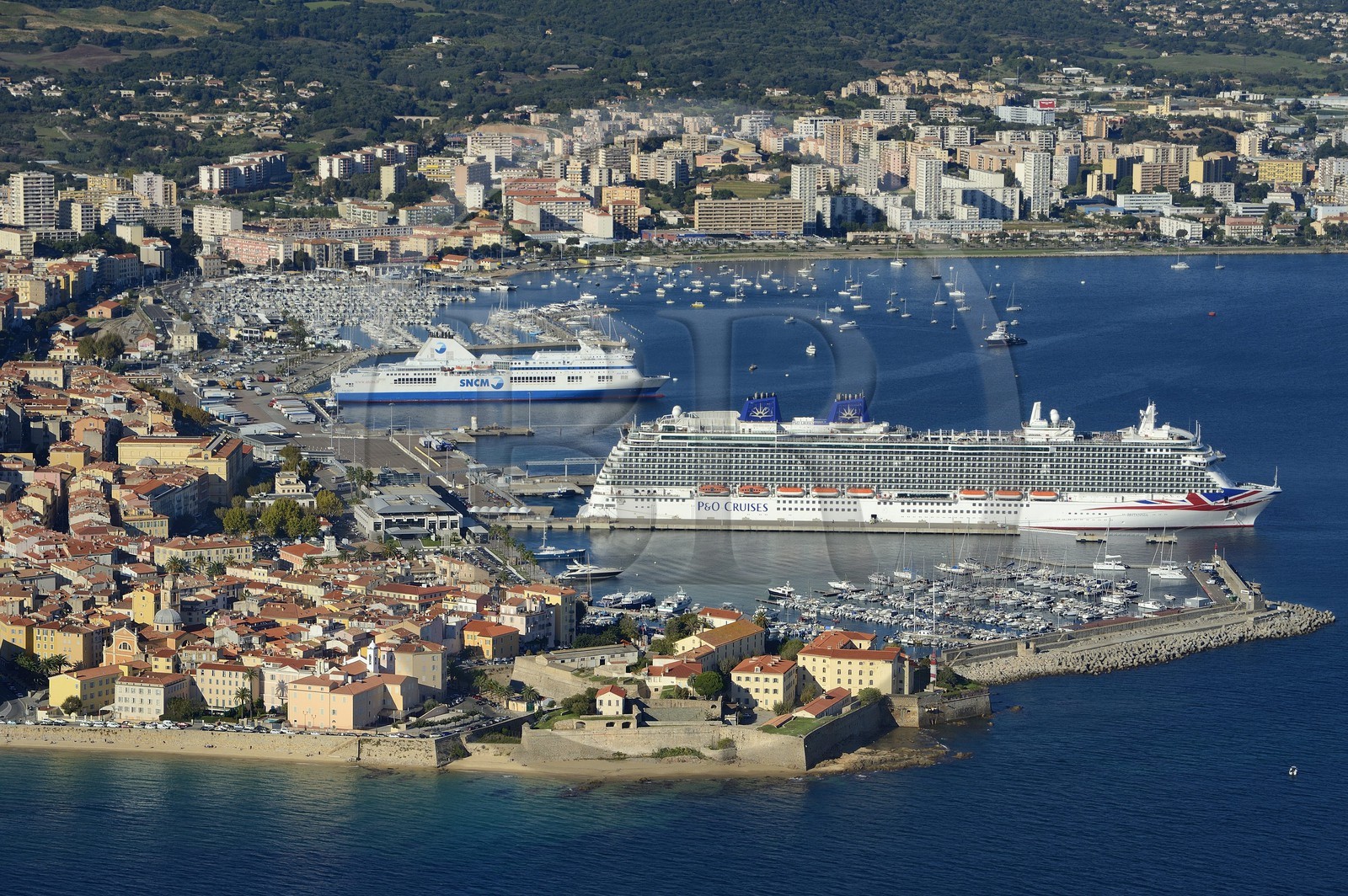 France, Corse du Sud, Ajaccio, the citadel in the old town and the harbor (aerial view)