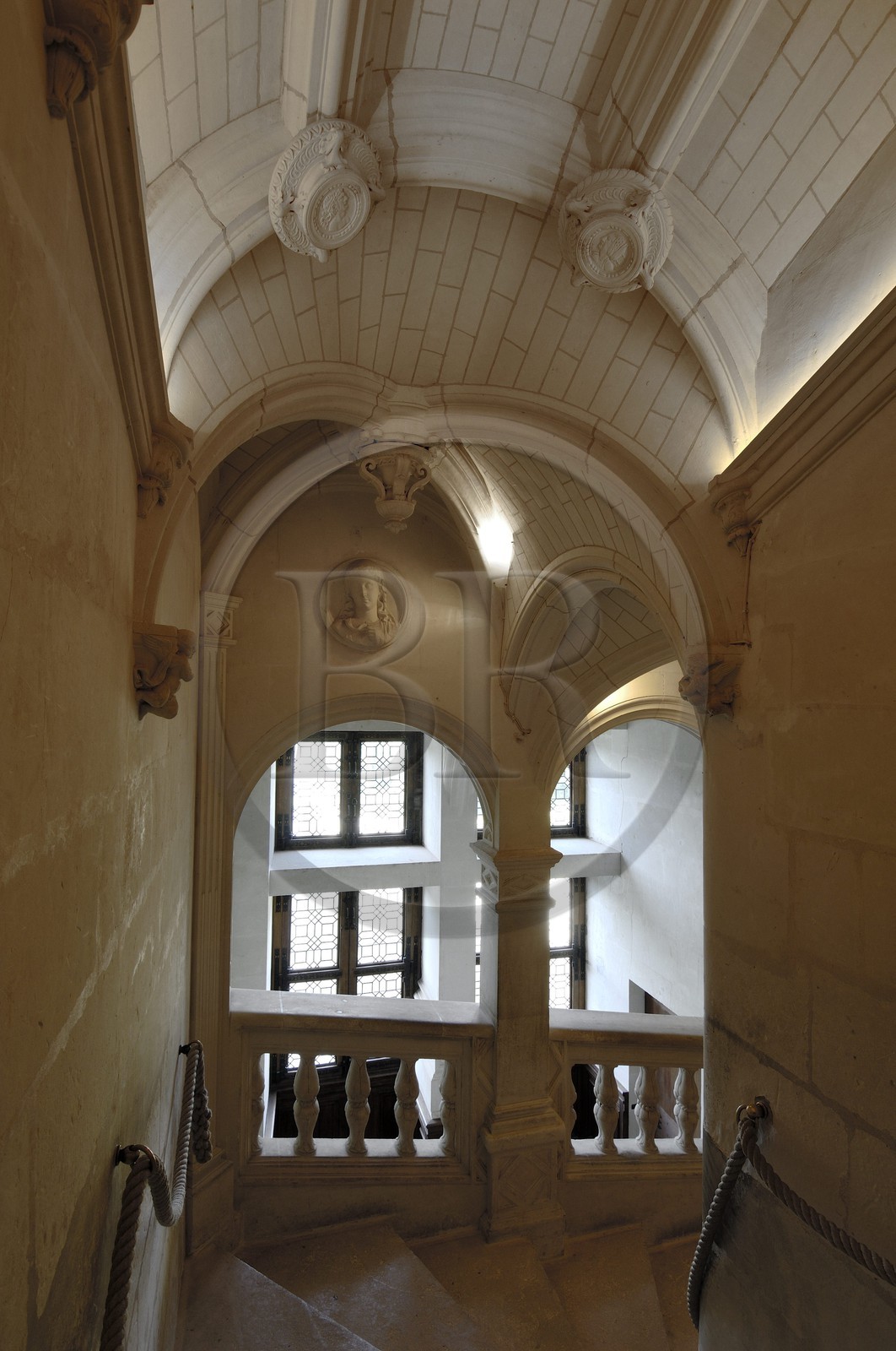 France, Indre et Loire, Chateau de Chenonceau of Renaissance style built between 1513 and 1522, straight staircase