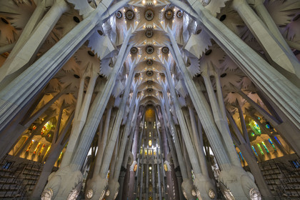 Espagne, Catalogne, Barcelone, quartier de l'Eixample, basilique de la Sagrada Familia de l'architecte du modernisme catalan Antoni Gaudi classée Patrimoine Mondial de l'UNESCO, vue de la nef et sa voute depuis la facade de la Gloire
