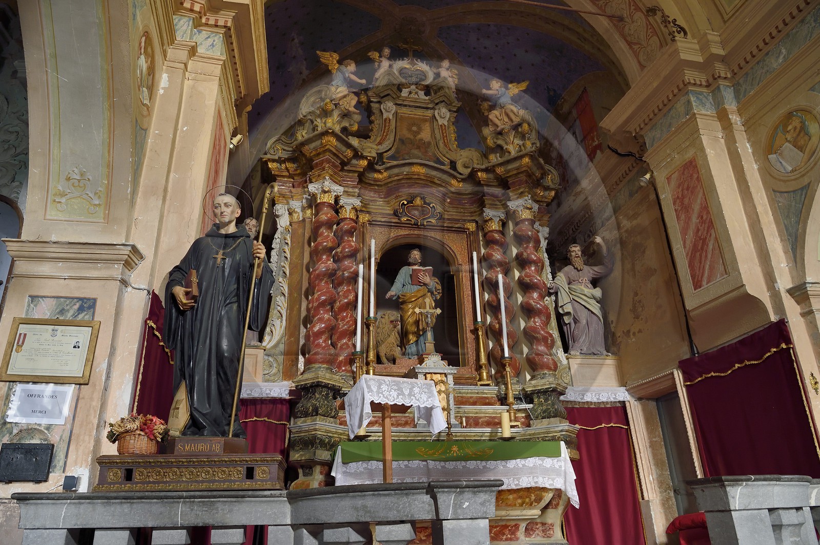 France, Alpes-Maritimes, Roya Bevera Valley, Piene Haute village, Saint Marc church, baroque altarpiece from the choir from 1728
