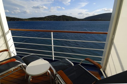 France, Corse, Porto Vechio Bay, cruise aboard the Silvershadow ship of the company Silversea, privat terrace
