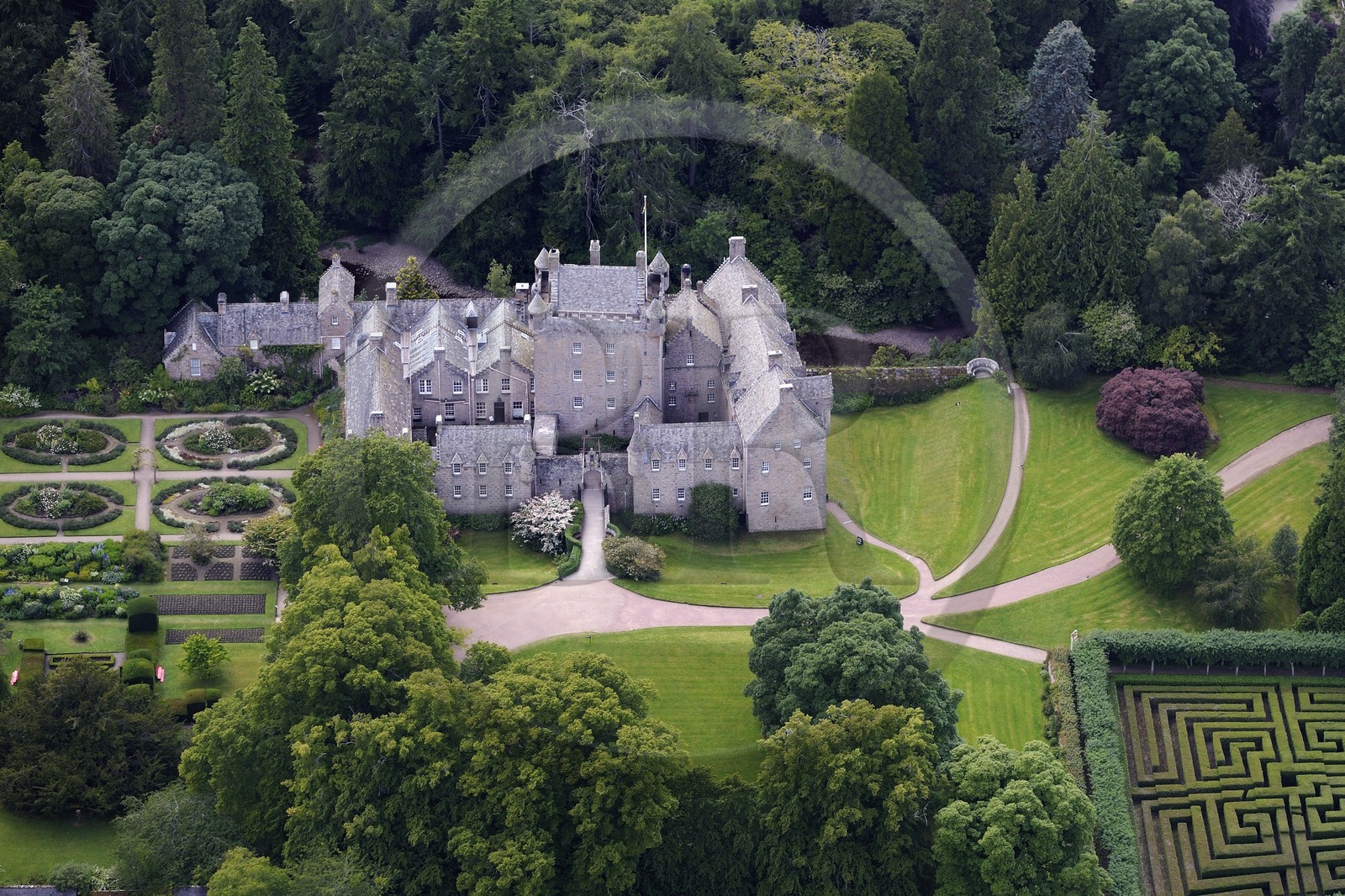 United Kingdom, Scotland, Highland, Cawdor Castle build at the end of the 14th century surrounded by gardens (aerial view)