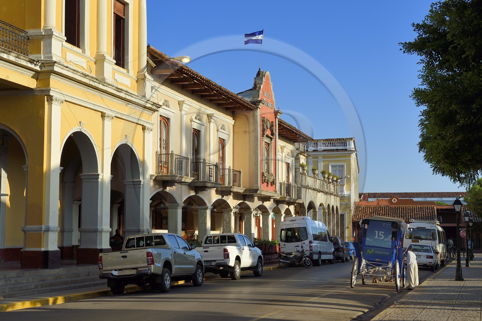 Nicaragua, Granada, colonial houses on Parque Central (Parque Colon), Hotel Alhambra