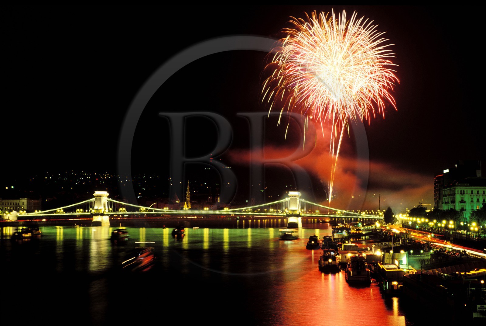 Hungary, Budapest, fireworks on the Danube river and the chains bridge