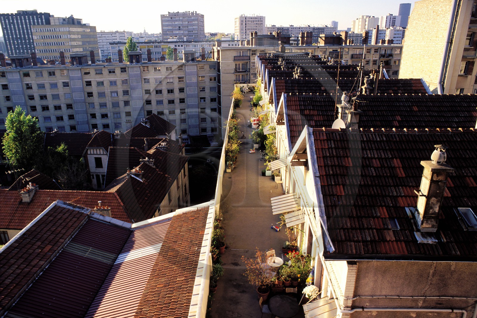 France, Paris (75), terrasses de petits pavillons sur le toit d'une usine, derrière la rue Barrault