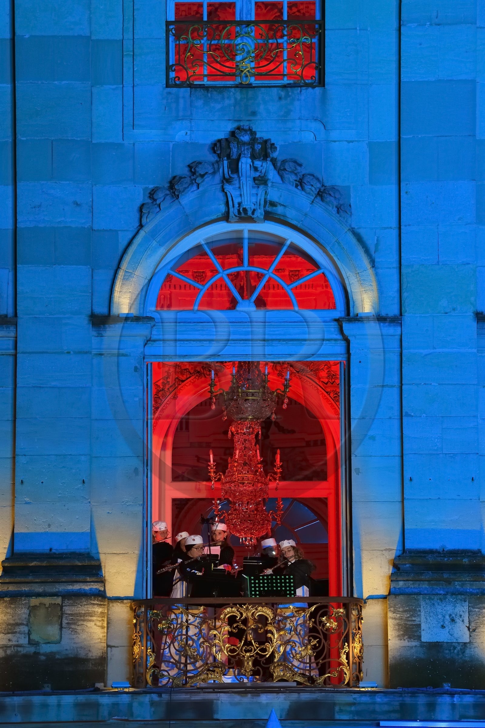France, Meurthe-et-Moselle, Nancy, place Stanislas (former Place Royale) during the feast of Saint-Nicolas, listed as World Heritage by UNESCO, the Fanfare des Enfants du Boucher (Butcher's Children's Marching Band) plays from the Opera National de Lorraine