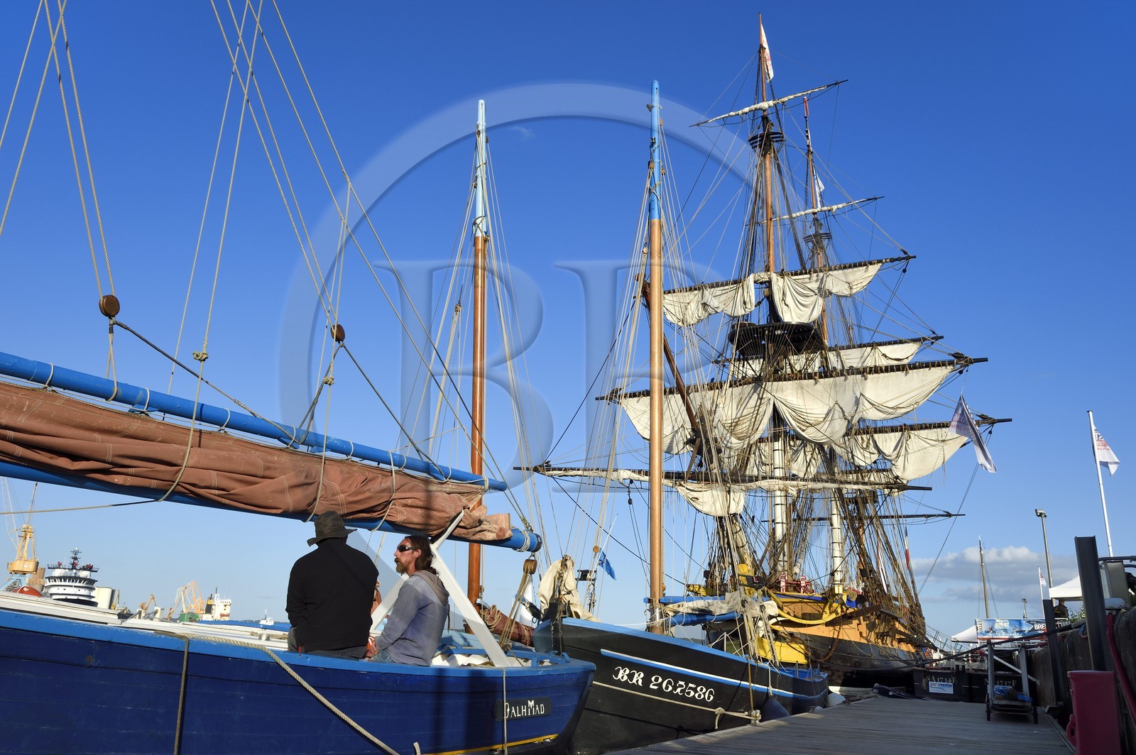France, Finistere, Brest port, L'Hermione frigate, replica of the three masts which brought the marquis de Lafayette to America in 1780