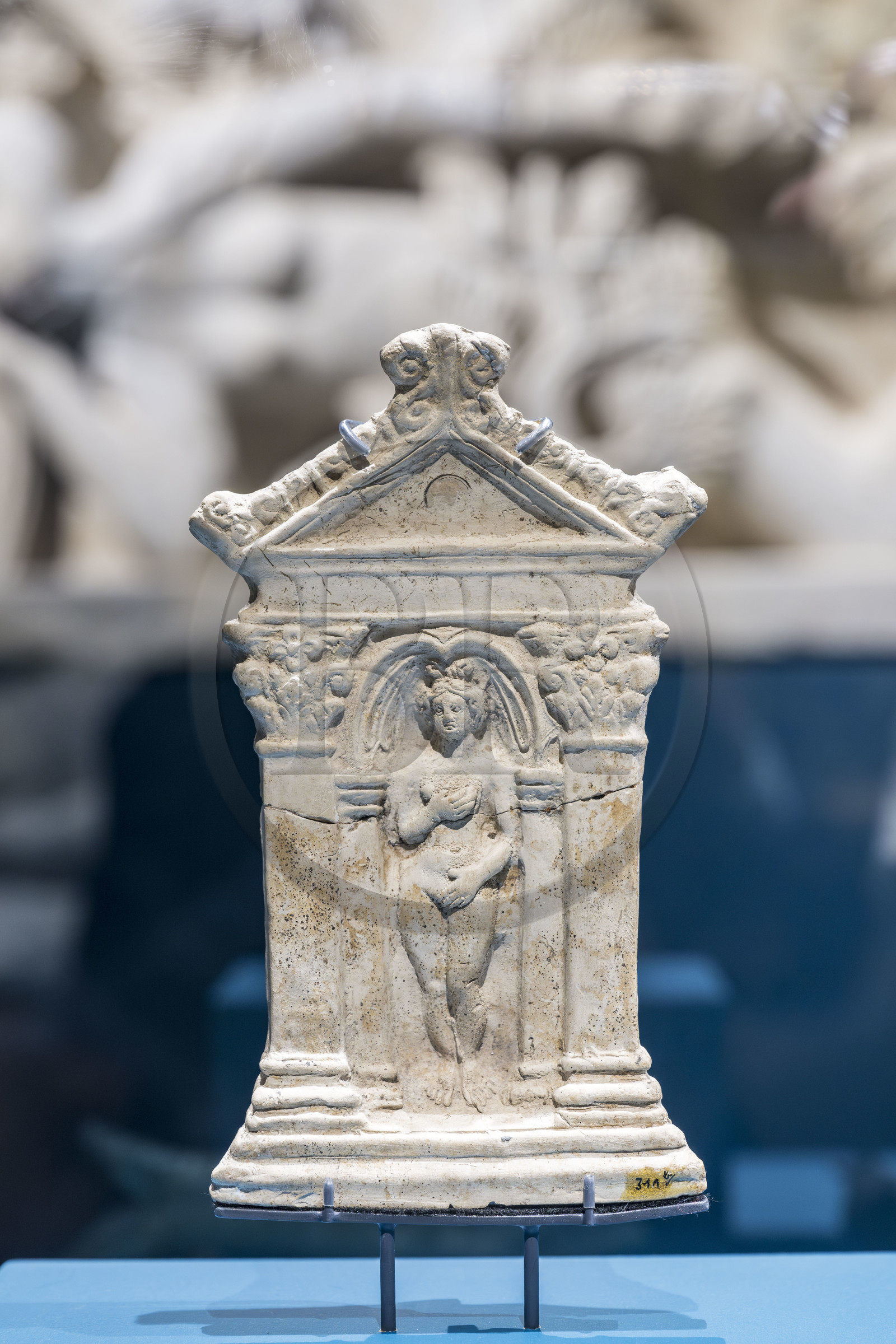 France, Saone et Loire, Autun, Rolin Museum, exhibition of masterpieces at the Natural History Museum during the works, Nude Venus rising from the sea, Gallo-Roman terracotta plaque displayed in a small domestic shrine