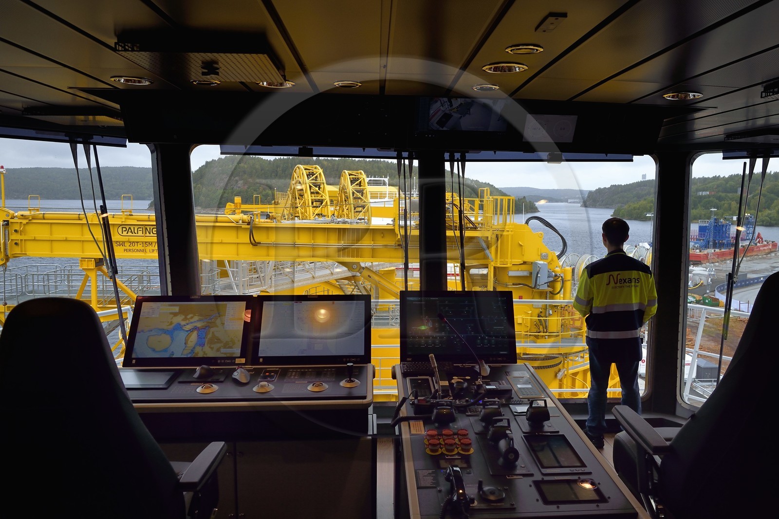 Norway, Ostfold County, Halden, Nexans Aurora cable-laying vessel, control center of the turntable which has a capacity to carry up to 10,000 tonnes of cables