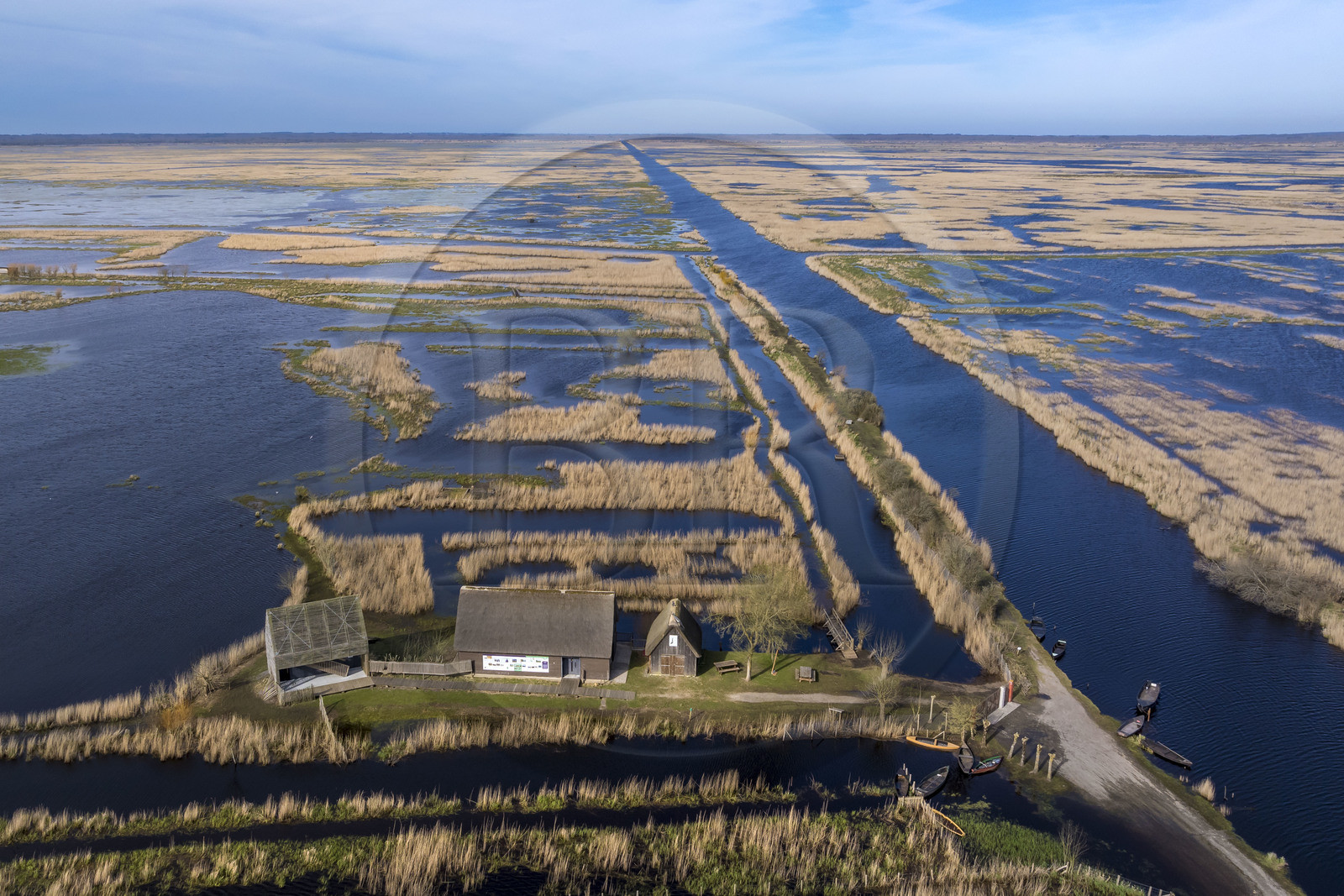 France, Loire-Atlantique, Parc Naturel Regional de la Briere (Briere Natural Regional Park), Saint Malo de Guersac, panorama of the Brière marshes and the Rozé canal (aerial view)