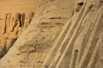 Egypt, Upper Egypt, Nubia, Abu Simbel, site listed as World Heritage by UNESCO, Ramesses II Temple in the background and Nefertari Temple dedicated to Hathor Goddess on the right