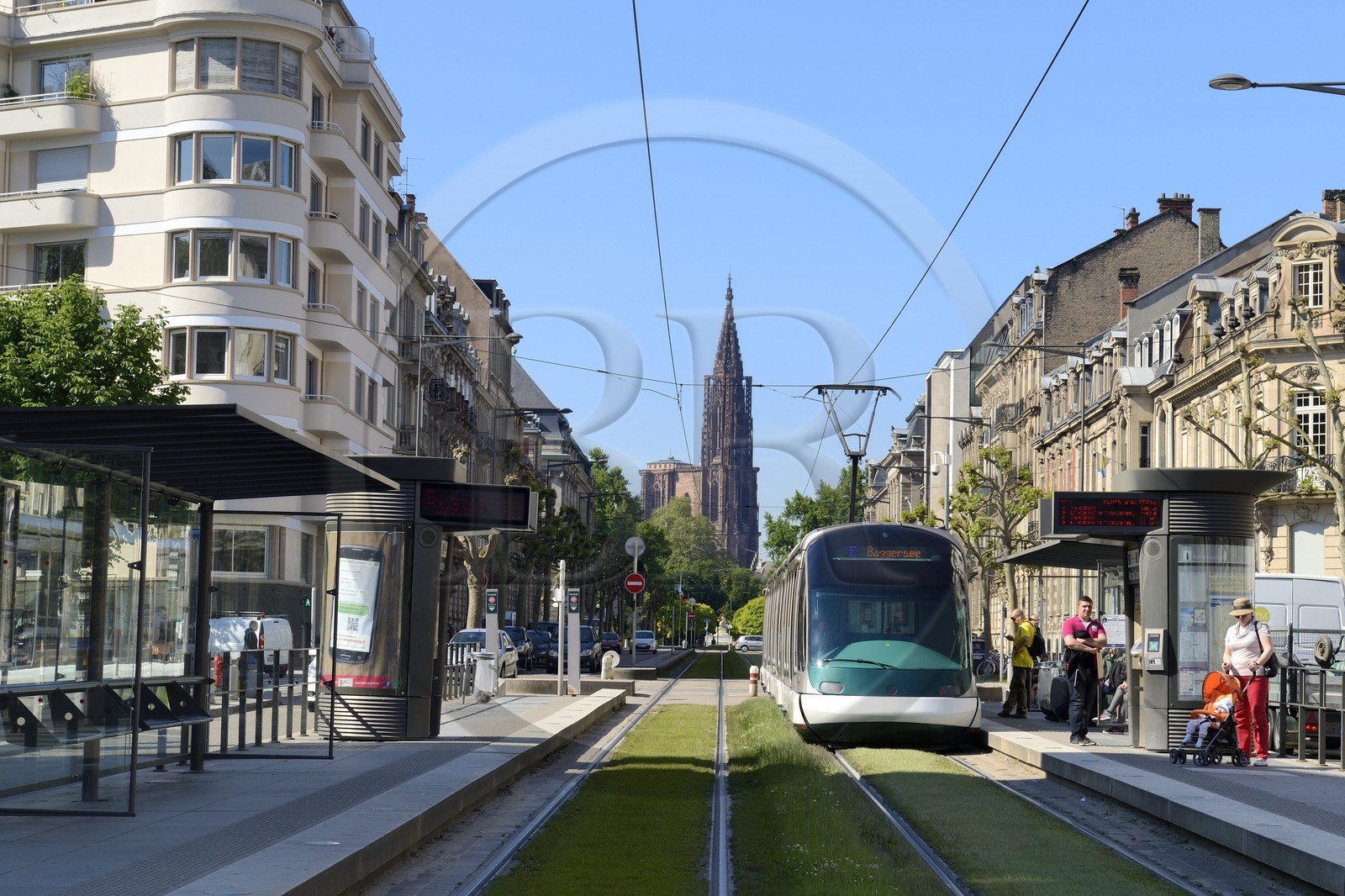 France, Bas Rhin, Strasbourg, Neustadt district dating from the german period, tram avenue de la Paix and the Notre Dame Cathedral in the background