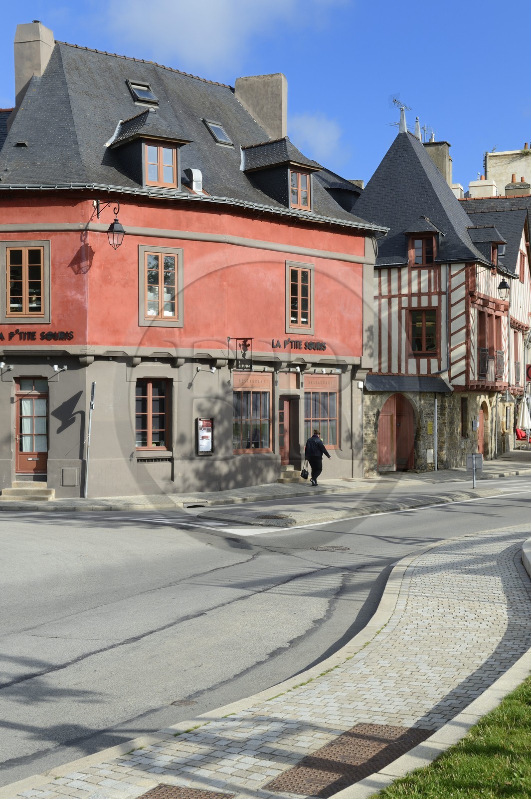 France, Morbihan, Gulf of Morbihan (Golfe du Morbihan), Vannes, Eric Tabarly's dock on the marina and half timbered houses in the background