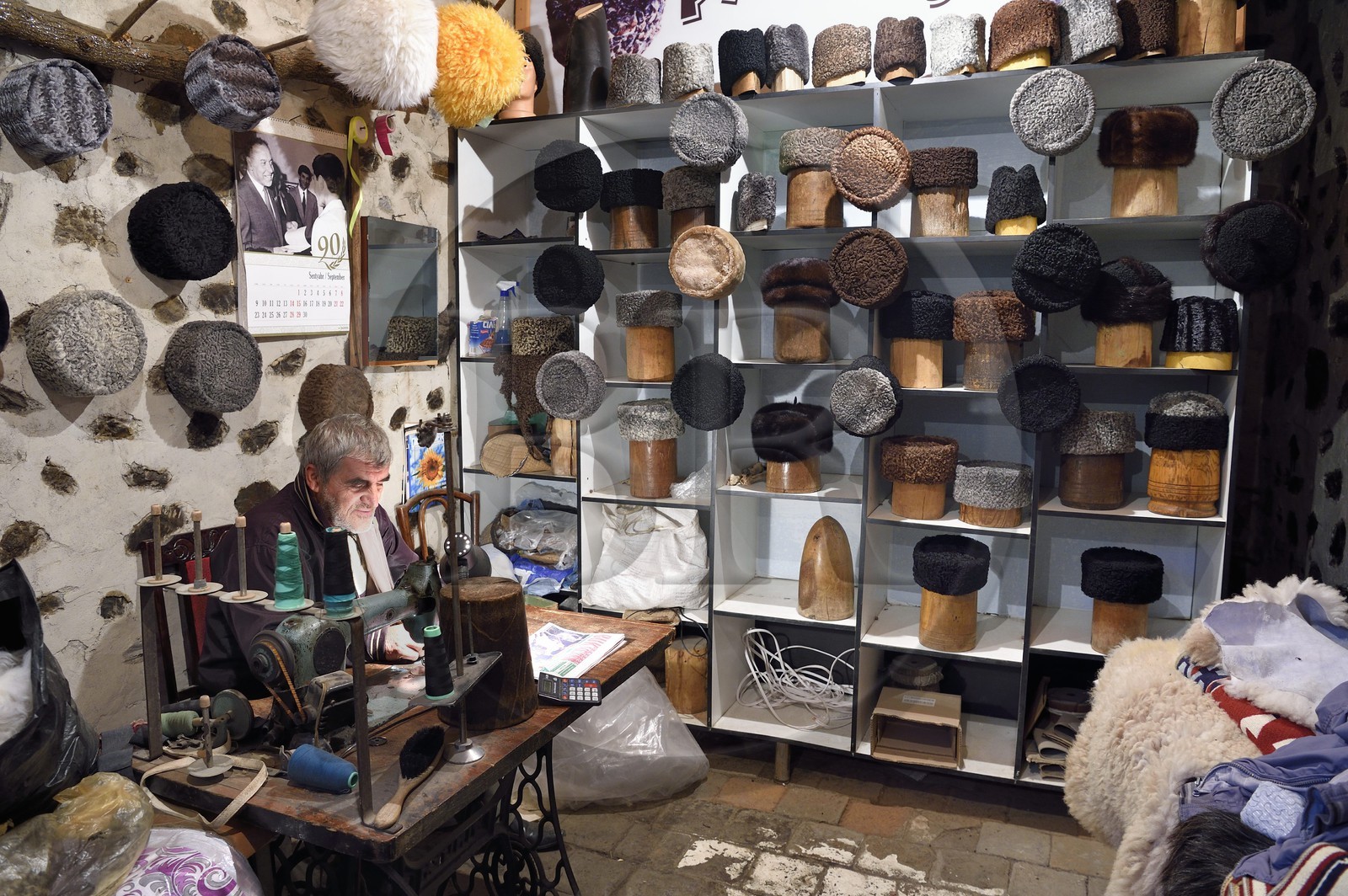 Azerbaijan, Shaki, the Karimov Aqil Hat-Maker shop, papakha