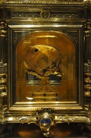 France, Manche, Avranches, Saint Gervais Church, relic of the skull of Saint Aubert who founded the Mont Saint Michel, one notices the hole left by the finger of the archangel