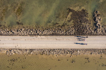 France, Vendée (85), île de Noirmoutier, Barbatre, cyclistes sur le passage du Gois à marée montante, chaussée submersible qui relie l'île au continent à marrée basse (vue aérienne)