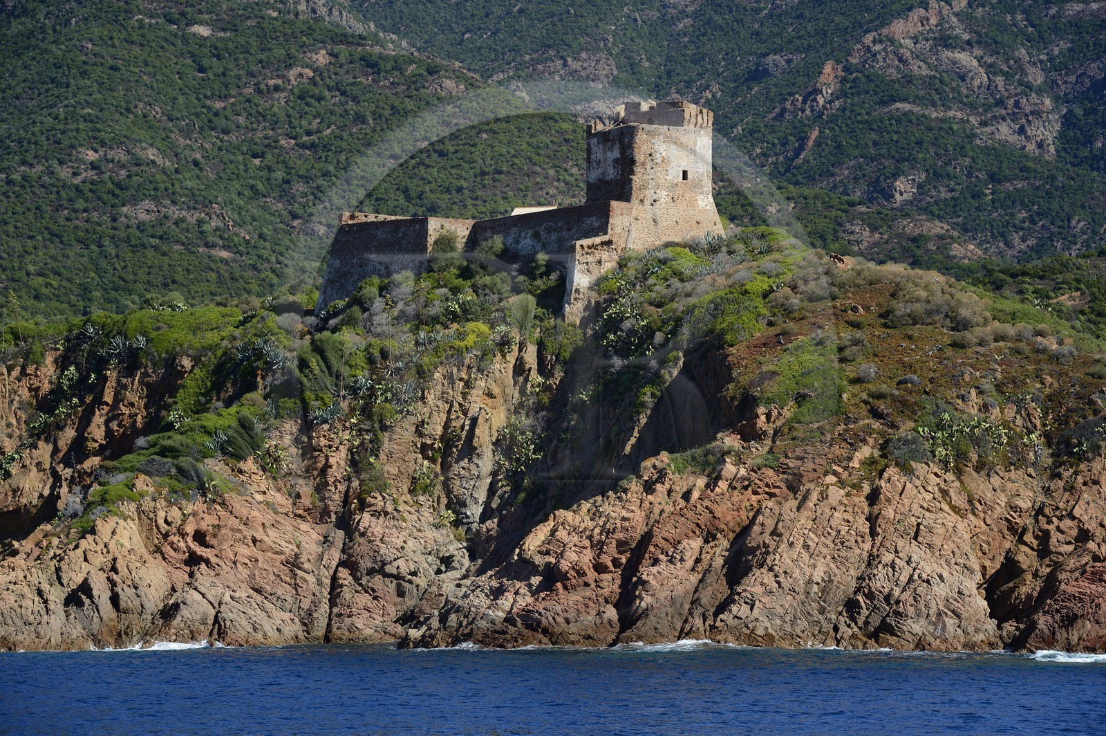 France, Corse-du-Sud (2A), Golfe de Girolata, classé Patrimoine Mondial de l'UNESCO, Girolata sur la commune d'Osani, fortin avec une tour gênoise carrée