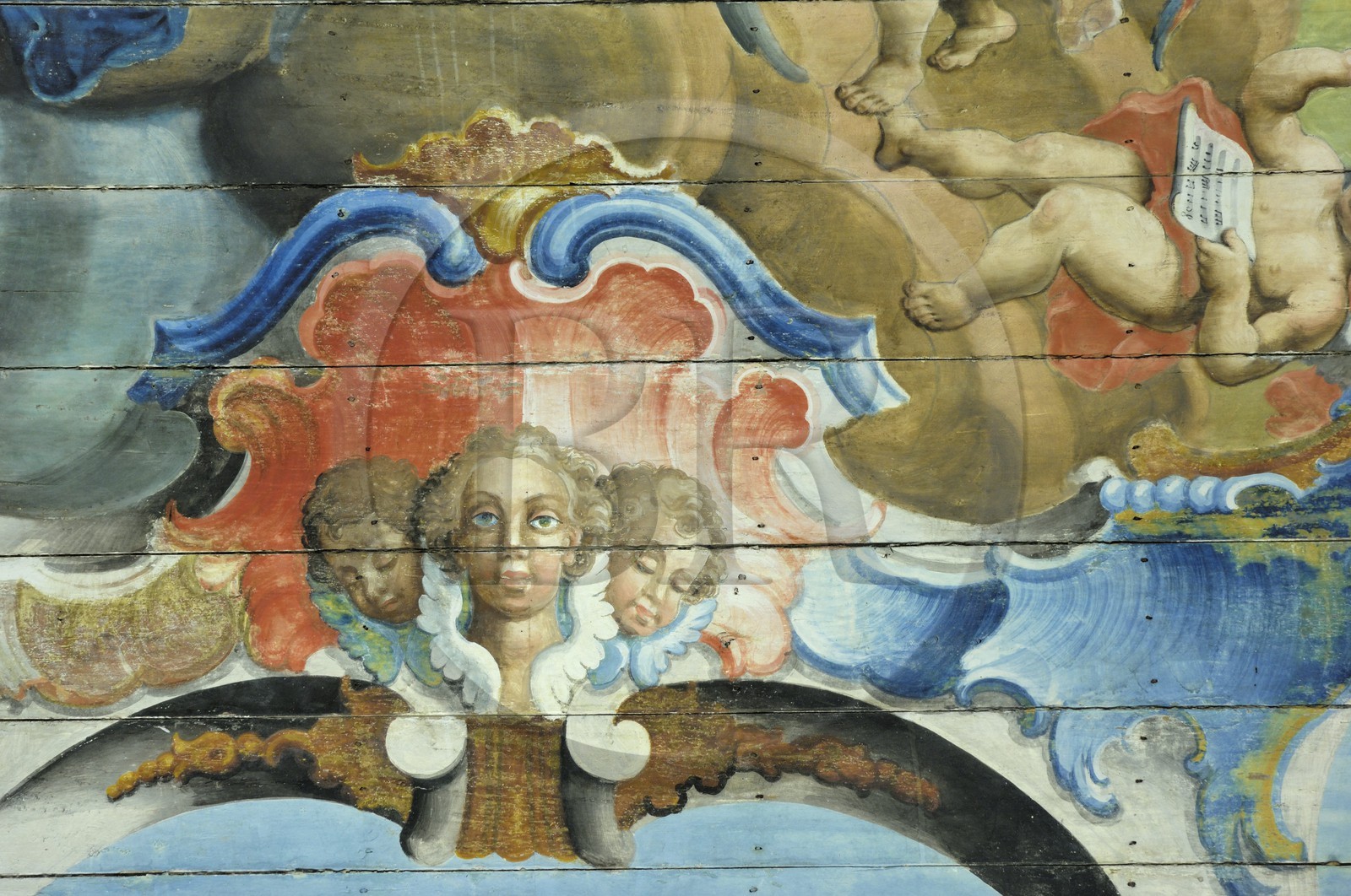 Brazil, Minas Gerais state, Ouro Preto, historical center listed as World Heritage by UNESCO, igreja de Sao Francisco de Assis, Saint Francis of Assisi church, ceiling detail with mixed race faces (Gold Route, Estrada Real)