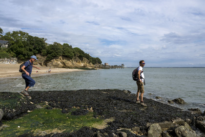 France, Loire Atlantique, Estuaire de la Loire, Saint Nazaire, Porcé beach, hikers Stéphane Le Naour and Xavier Dupont on the GR 34 long-distance trail