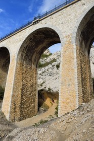 France, Bouches-du-Rhône (13), Ensuès-la-Redonne vers Marseille, la Cote Bleue, randonnée de Niolon au Cap Méjean le long du Sentier des Douaniers, le pont ferroviaire de la calanque de l'Erevine