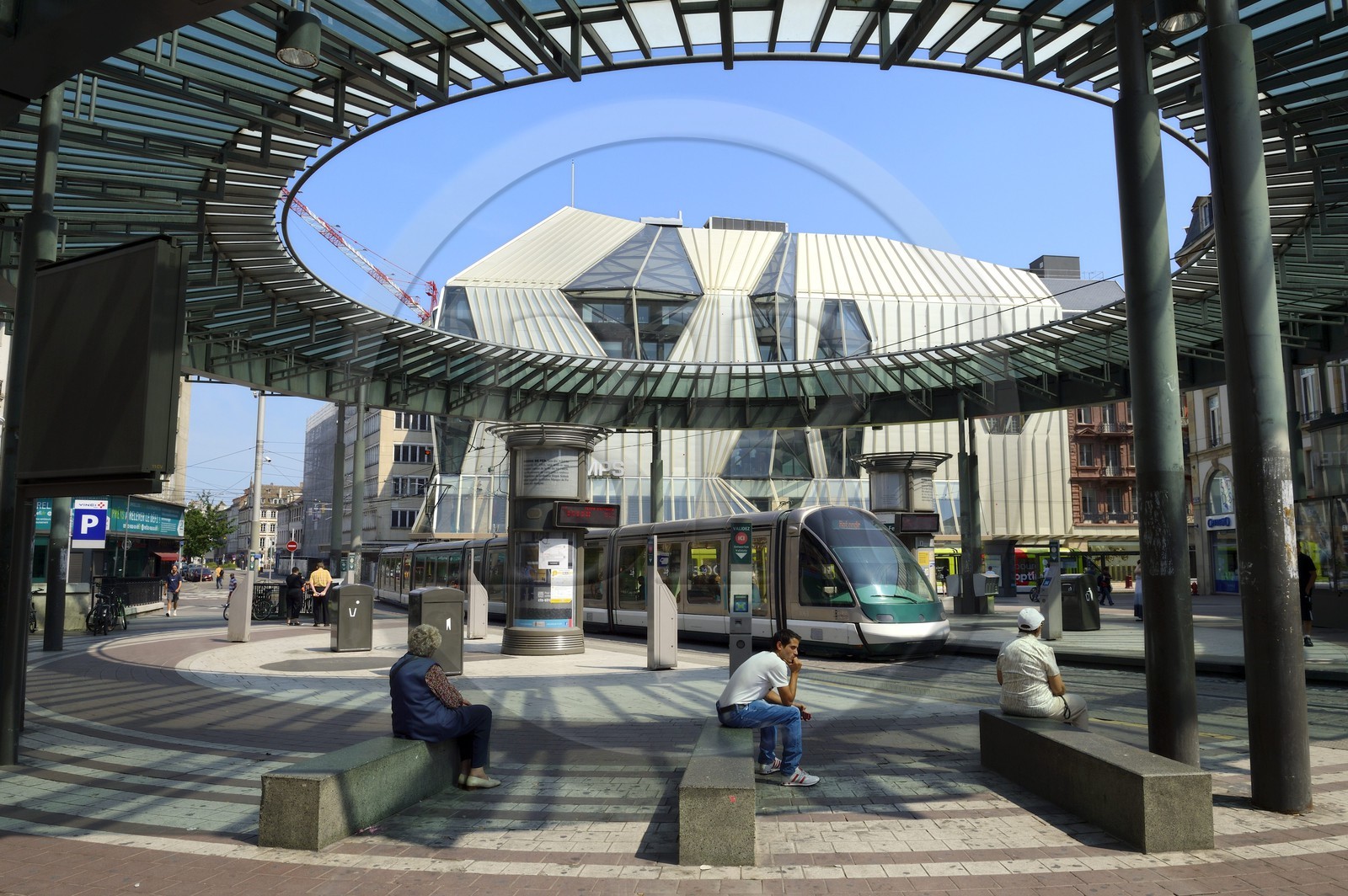 France, Bas Rhin, Strasbourg, place of the Homme de Fer (Iron man) in front of the modernized Printemps department store, centre of meeting of the lines of streetcars (tram)