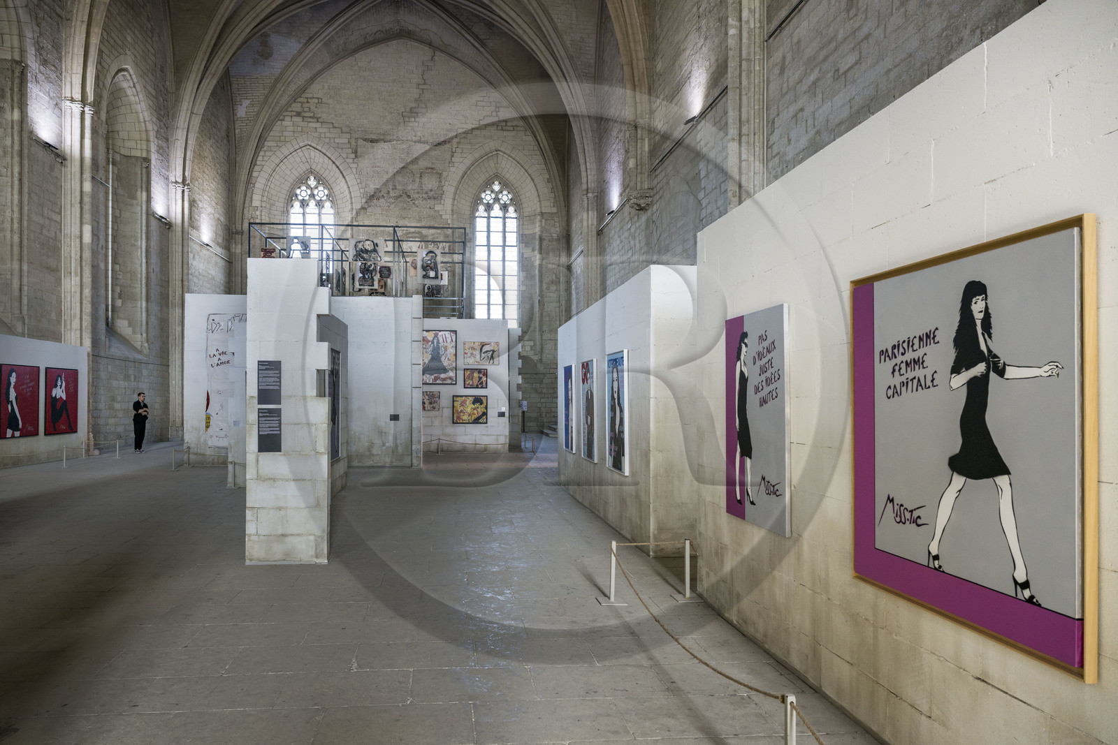 France, Vaucluse (84), Avignon, Palais des Papes classé Patrimoine mondial de l'UNESCO, la Grande Chapelle, exposition A la vie, à l’amor en 2024 de l'artiste de street art Miss.Tic connue pour ses œuvres au pochoir France, Vaucluse, Avignon, Palais des Papes (Palace of the Popes) listed as World heritage by UNESCO, the Great Chapel, exhibition A la vie, à l’amor in 2024 by street art artist Miss.Tic known for her stencil works