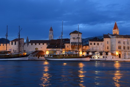 Croatia, Dalmatia, Dalmatian Coast, Trogir, historic center listed as World Heritage by UNESCO, Benedictine Convent of St Nicolas which one perceives the bell tower in the center and the cathedral Saint Lawrence on the right
