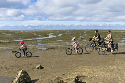 France, Vendée (85), île de Noirmoutier, Barbatre, famille de cyclistes sur l'estran en bordure du passage du Gois, chaussée submersible qui relie l'île au continent à marrée basse