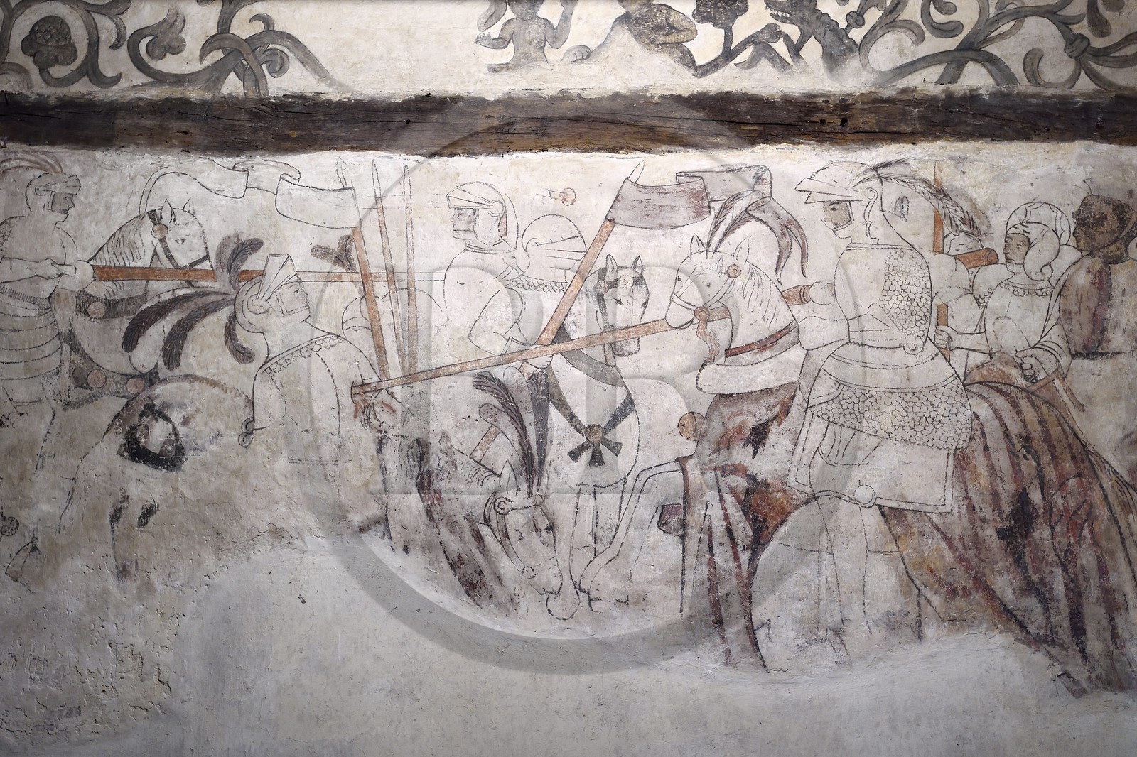 France, Calvados (14), Pays d'Auge, le chateau de Saint-Germain-de-Livet du XVe et XVIe siècle labellisé Musée de France, fresque du XVIe siècle dans la salle de garde