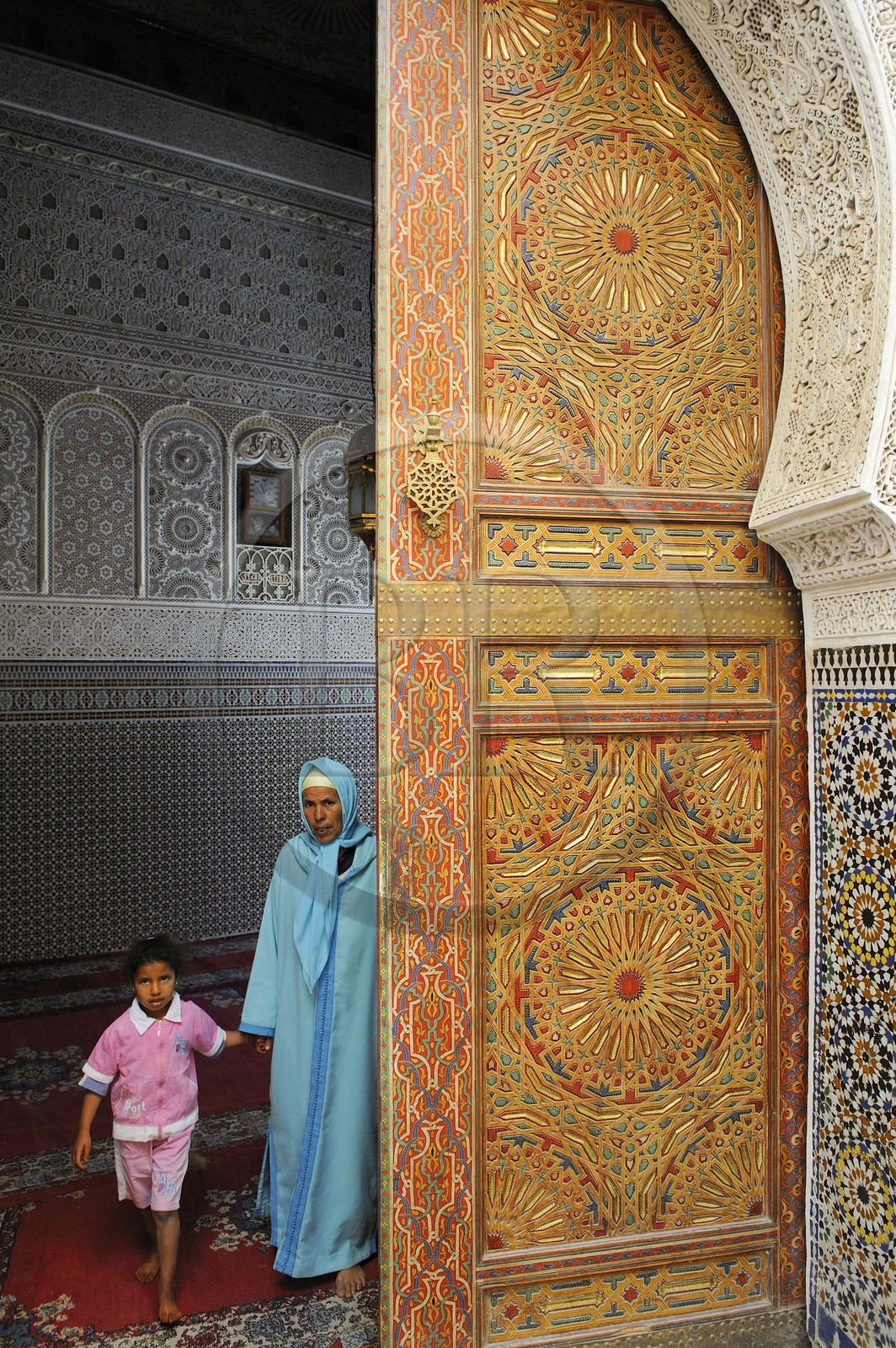 Morocco, Middle Atlas, Fez, Imperial City, Fez El Bali, medina listed as World Heritage by UNESCO, Zaouia funerary mosque of Sidi Ahmed Tijani, fine-cut facade and zelliges of the entry
