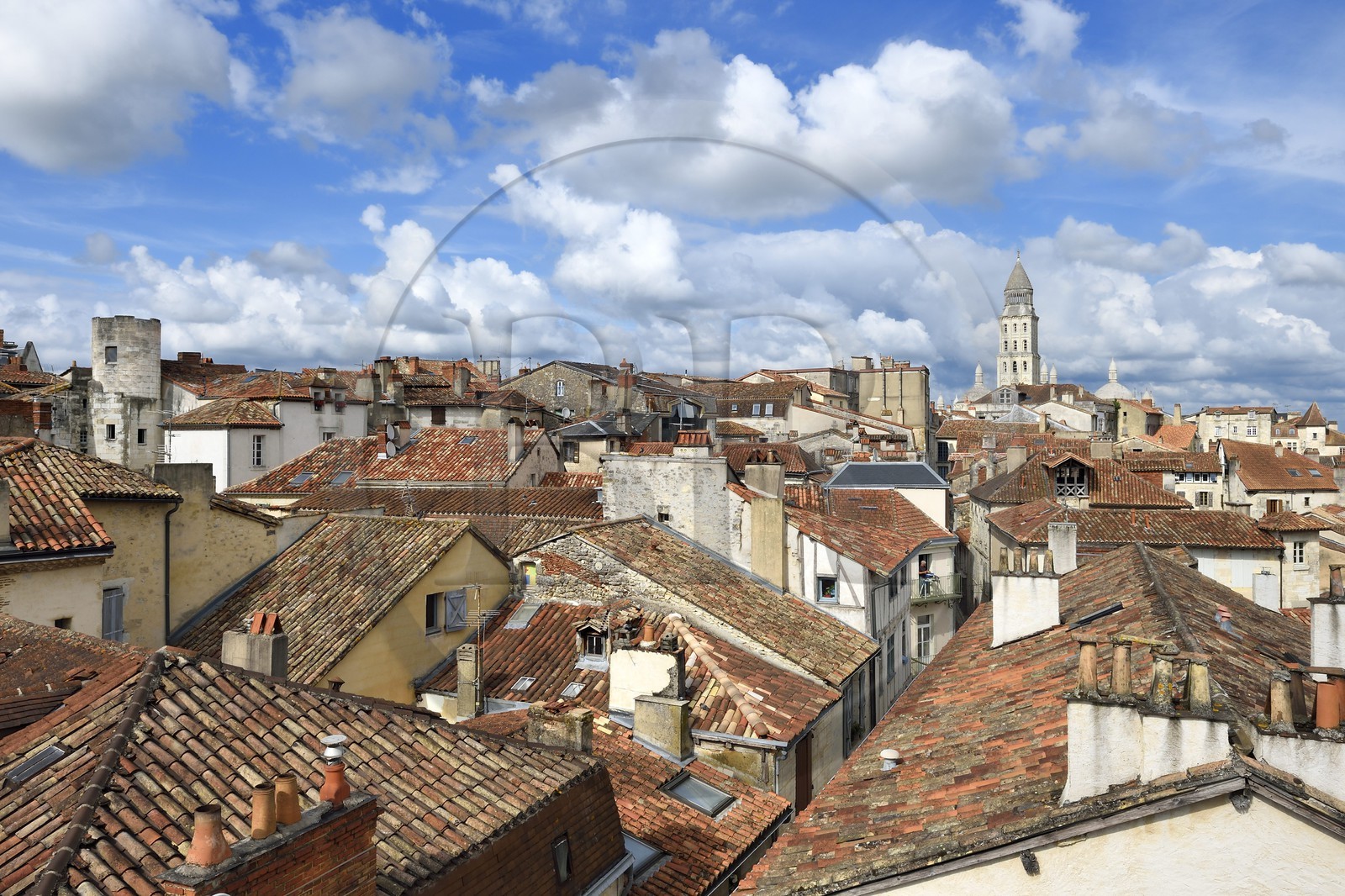 France, Dordogne, White Perigord, Perigueux, view from the Mataguerre tower over the rooftops of the old town and Saint Front Cathedral, stop on Route of Santiago de Compostela listed as World Heritage by UNESCO