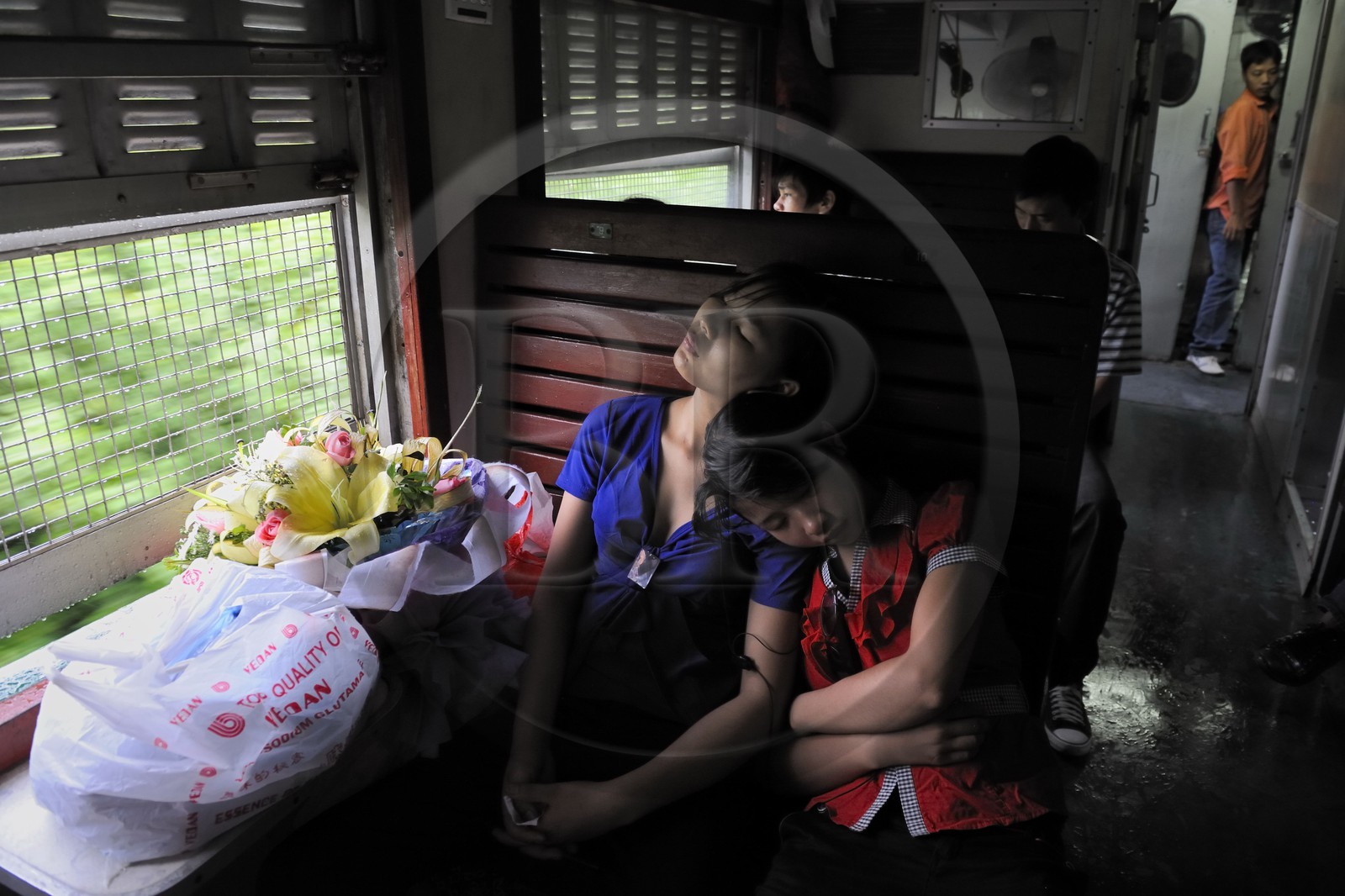 Vietnam, train de jour de Lao Cai à Hanoï, classe assis dur non climatisé, les grillages sont là pour protéger les passagers des éventuels lancer de pierres par des enfants