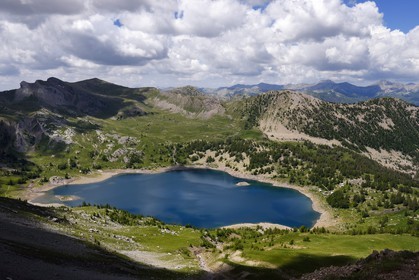 France, Alpes de Haute Provence, Uvernet Fours, Mercantour National Park, Ubaye valley, lake tour hiking trail of the Cayolle pass, Allos lake and the Verdon valley in the background
