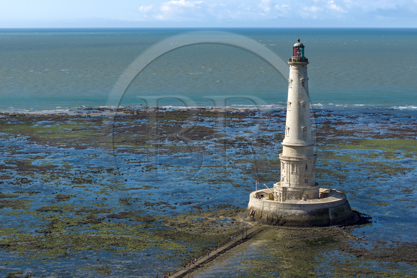 France, Gironde, Verdon sur Mer, rocky plateau of Cordouan at low tide, lighthouse of Cordouan, listed as World Heritage by UNESCO (aerial view)