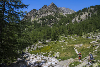 France, Alpes-Maritimes, Parc National du Mercantour (Mercantour national park), Haute Vesubie, Saint Martin Vesubie, Val du Haut Boréon, hikers on the way to the Cougourde refuge, Mount Pelago in the background