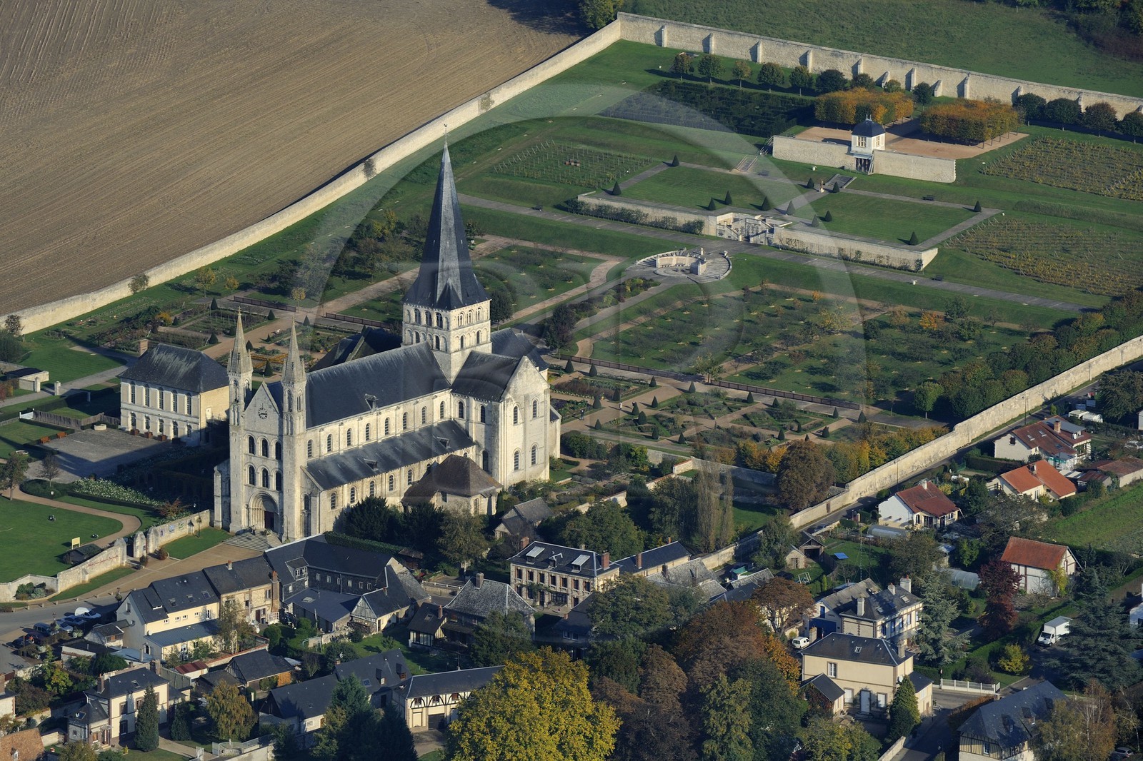 France, Seine-Maritime, Saint-Martin-de-Boscherville, Saint-Georges de Boscherville Abbey of the 12th century (aerial view)