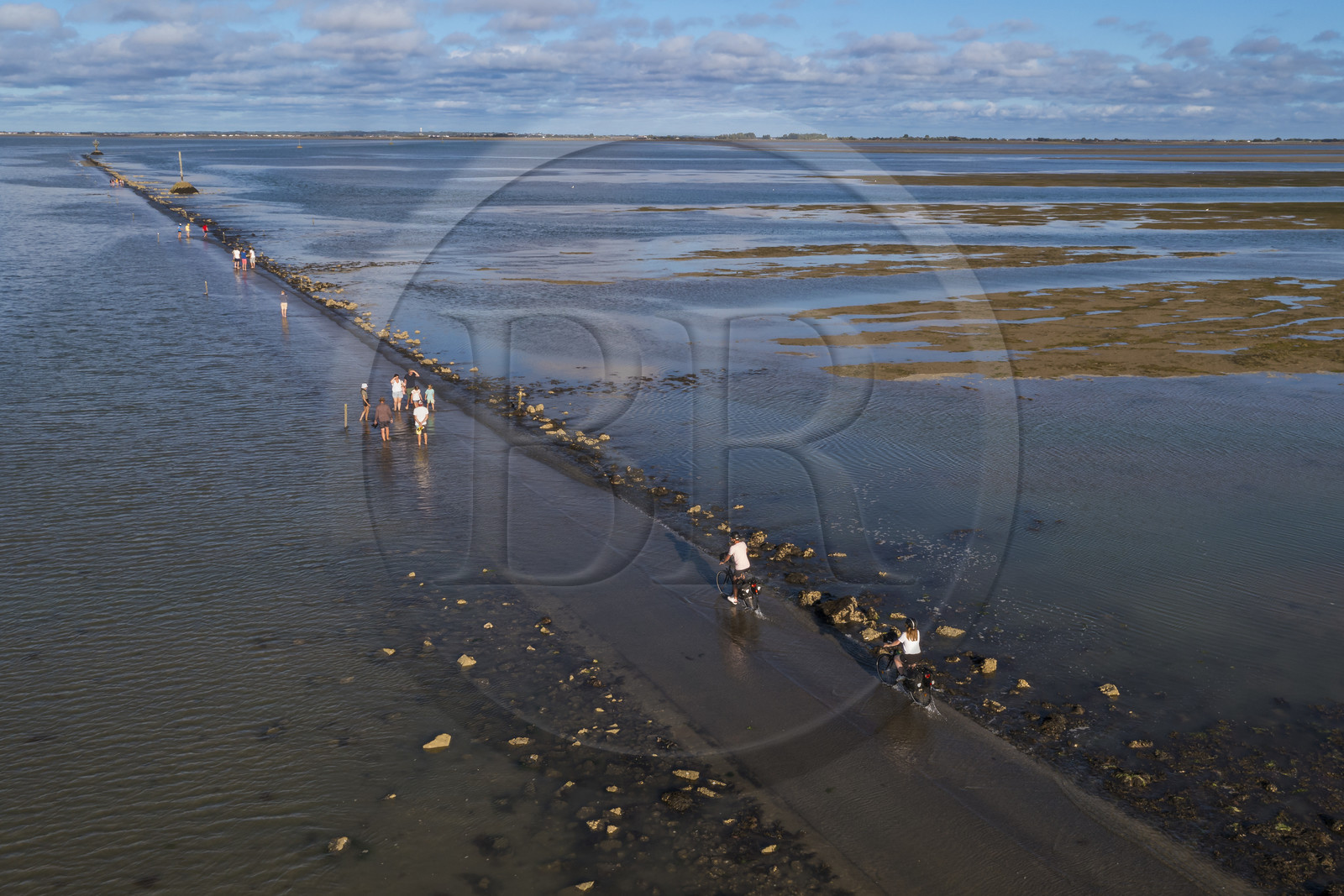 France, Vendée (85), île de Noirmoutier, Barbatre, cyclistes sur le passage du Gois à marée montante, chaussée submersible qui relie l'île au continent à marrée basse (vue aérienne)