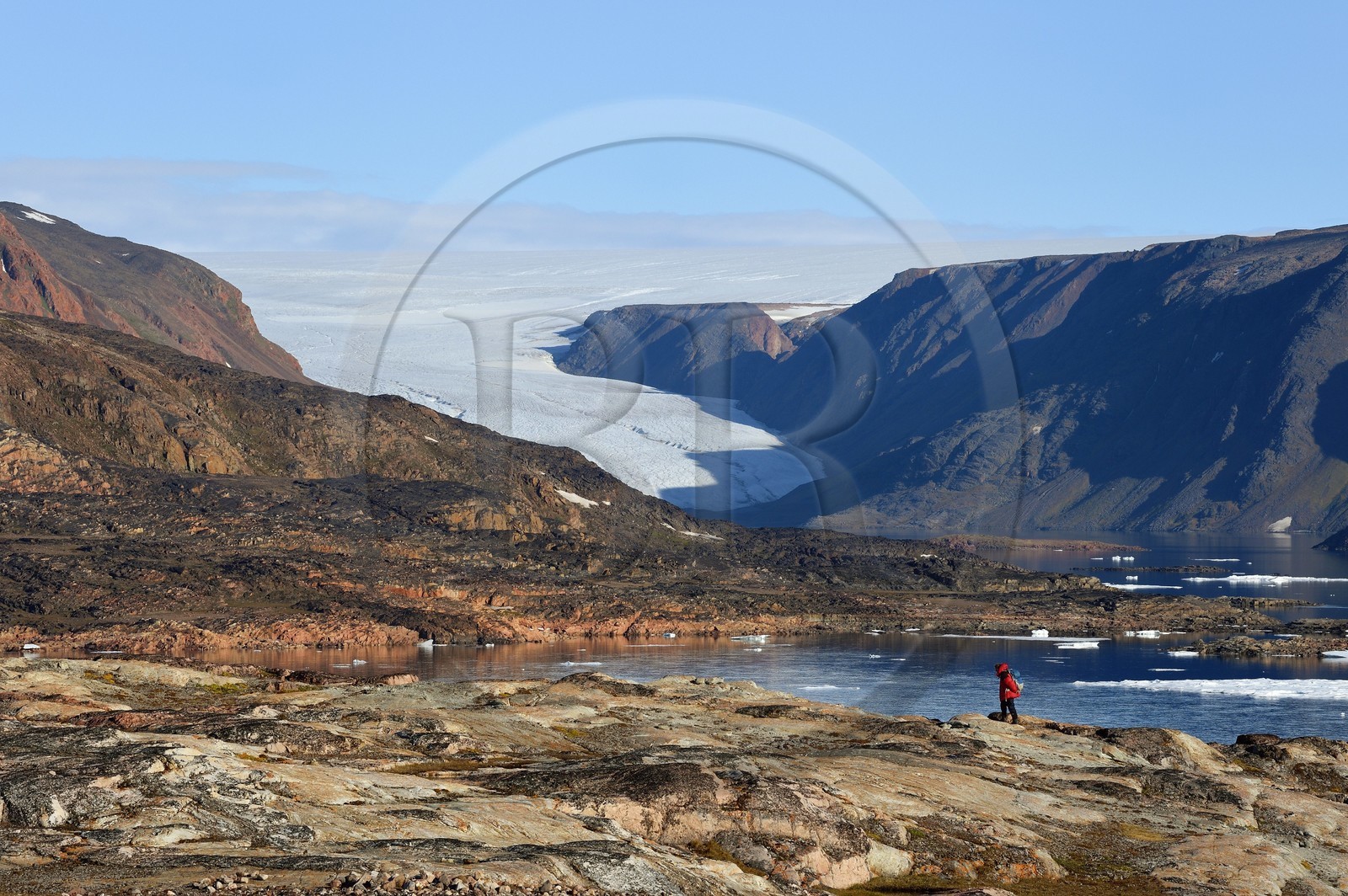 Greenland, North West coast, Smith sound north of Baffin Bay, Inglefield Land, hiking on Etah site in Foulke fjord, today abandoned Inuit camp that served as a base for several polar expeditions, Brother John's Glacier and the ice cap in the background