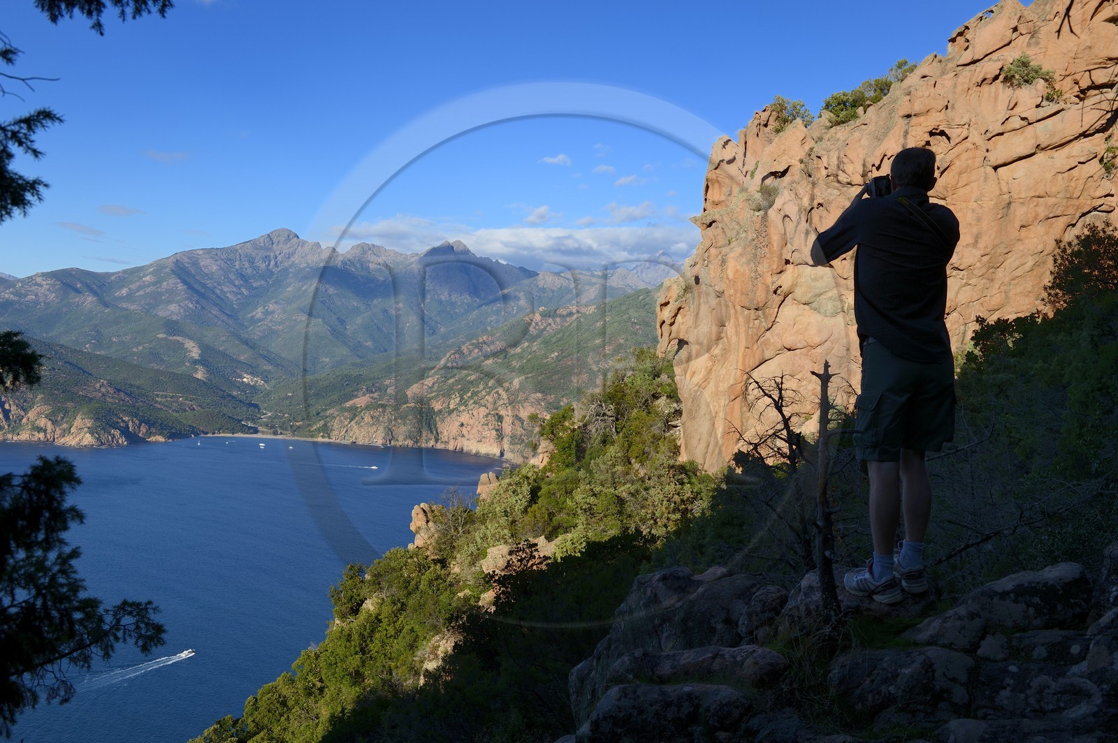 France, Corse-du-Sud (2A), Golfe de Porto, classé Patrimoine Mondial de l'UNESCO, calanches de Piana aux rochers de granit rose depuis le lieu dit du Chateau-Fort et la plage de Bussaglia en arrière plan