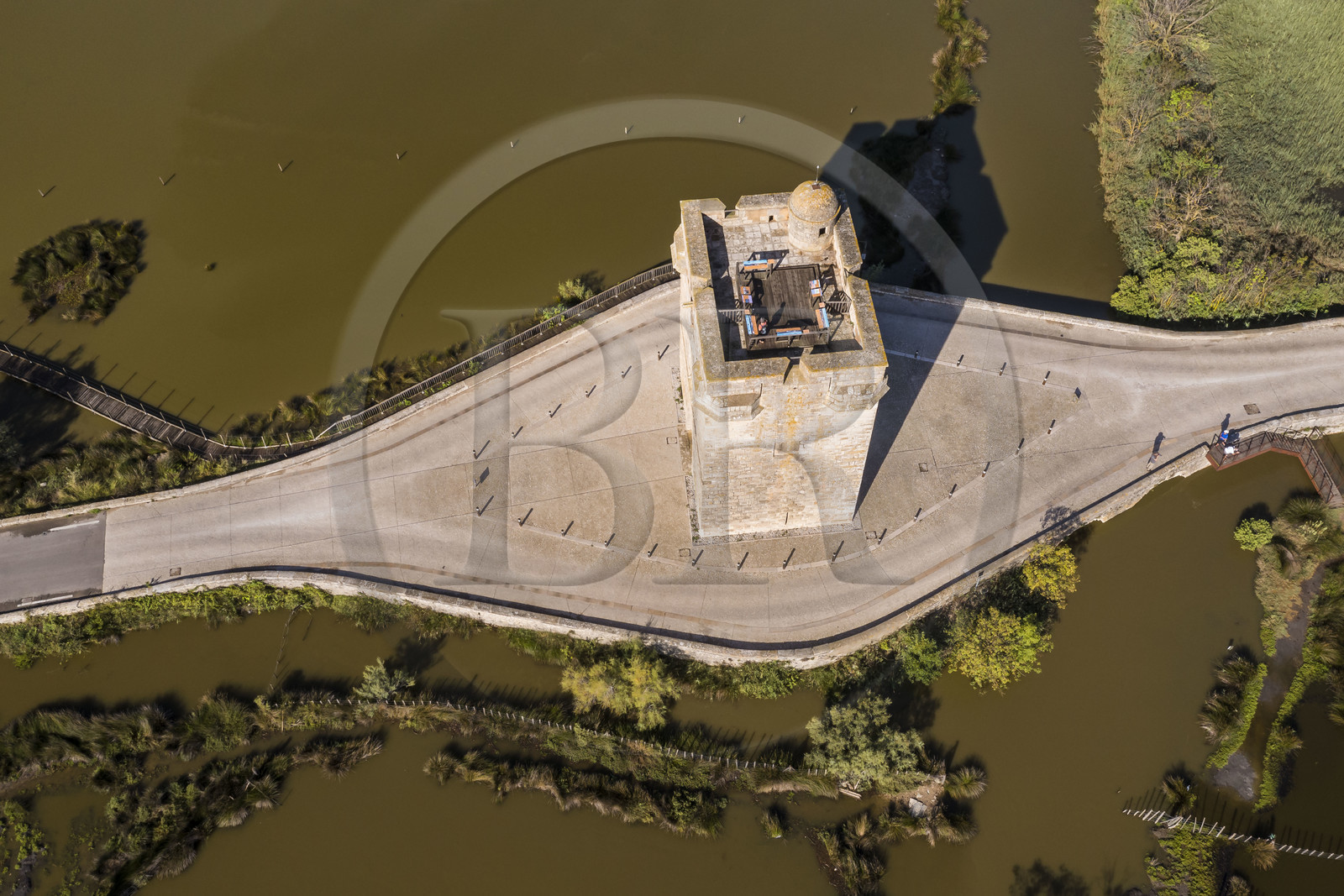 France, Aigues-Mortes, Saint-Laurent-d'Aigouze, la Tour Carbonnière dans la Petite Camargue (vue aérienne) France, Aigues-Mortes, Saint-Laurent-d'Aigouze, the Carbonnière Tower in the Petite Camargue (aerial view)