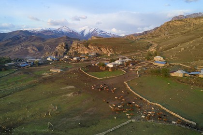 Azerbaijan, Quba (Guba) region, Greater Caucasus mountain range, village of Giriz at dawn (aerial view)