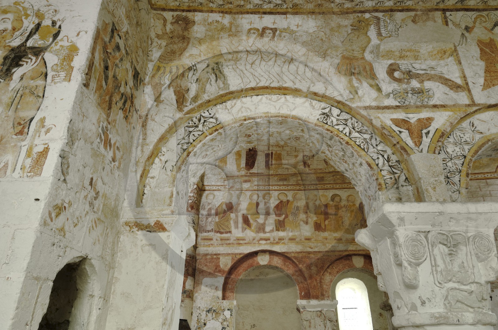 France, Loir et Cher, Lavardin, labelled Les Plus Beaux Villages de France (The Most Beautiful Villages of France), St Genest Church in Romanesque style of the 11th century, Romanesque frescoes dating from the 12th to the 15th century