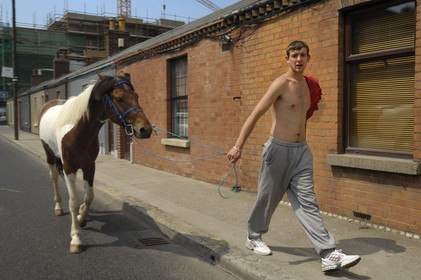 Irlande, Dublin, homme dans une rue des faubourgs avec son cheval
