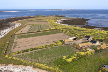 France, Finistère (29), Mer d'Iroise, archipel de Molène, Ile de Quéménès, ferme de Quéménès bio et autonome en énergie (vue aérienne)