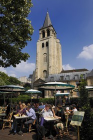 France, Paris, Saint Germain des Pres Church, Saint Germain des Pres square, Café de Flore terrasse