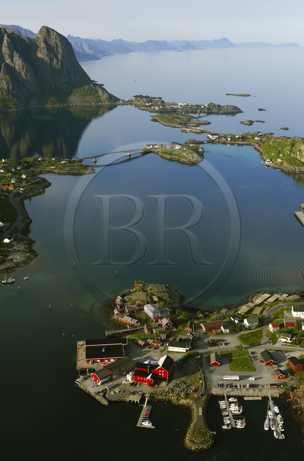 Norway, Nordland County, Lofoten Islands, Moskenes island , fishermen's village of Reine (aerial view)