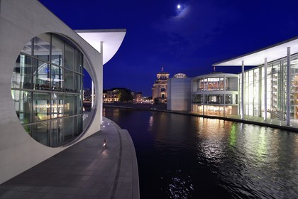 Germany, Berlin, Bundestag, the Paul-Lobe Haus right and the Marie Elisabeth Luders Haus left by architect Stephan Braunfels on Spree River banks, buildings in the new parliamentary complex